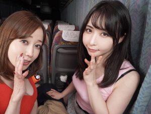【篠田ゆう 晶エリー】巨乳スレンダー美女2人と夜行バスでエッチな戯れ！両サイドから挟まれ淫語連発されてオッパイ揉みながらフェラされて中出しの本番セックス